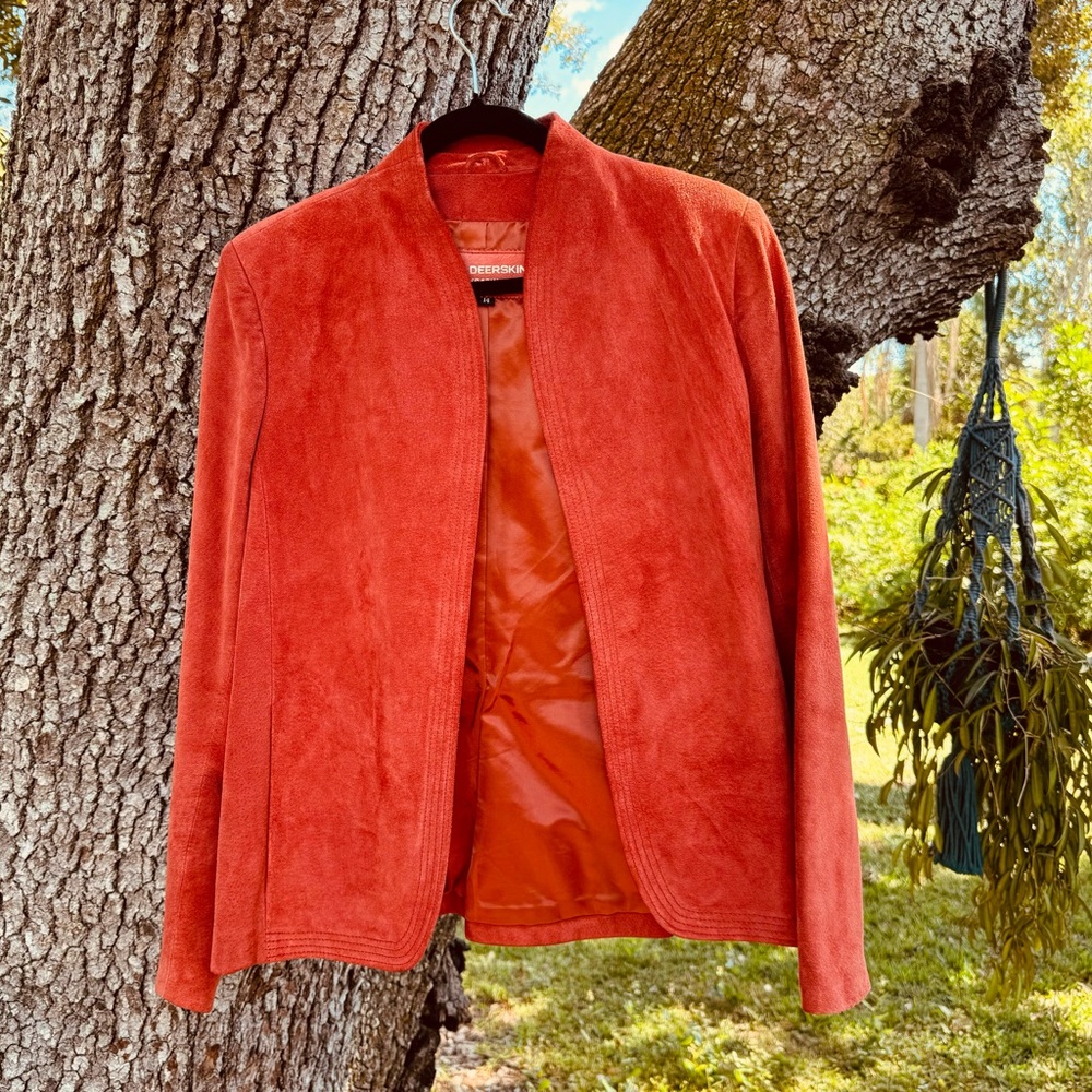 1970s Deerskin Trading Post 100% Suede open front Boho jacket in orange.Size 14